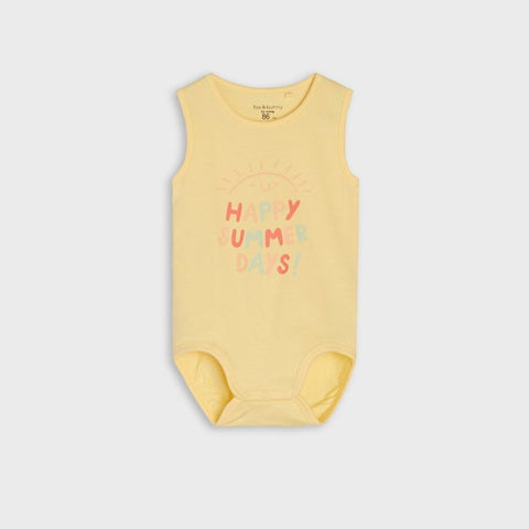 Yellow baby bodysuit with 'Happy Summer Days' text on a white background
