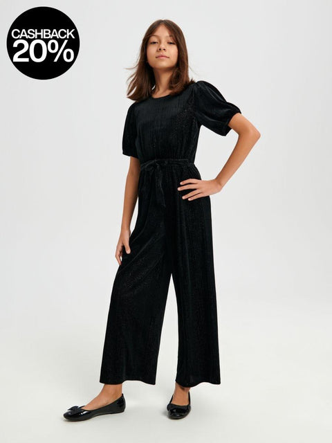 Sinsay Girl's Black Shimmery Short Sleeve Belted Jumpsuit  |Sinsay In Lebanon