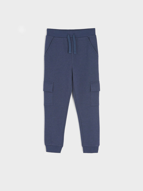 Navy blue cargo jogger pants on a white background