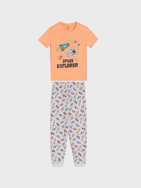 Sinsay Boy's Orange & Light Space Motif Printed Pajama Set 2pcs | Sinsay In Lebanon