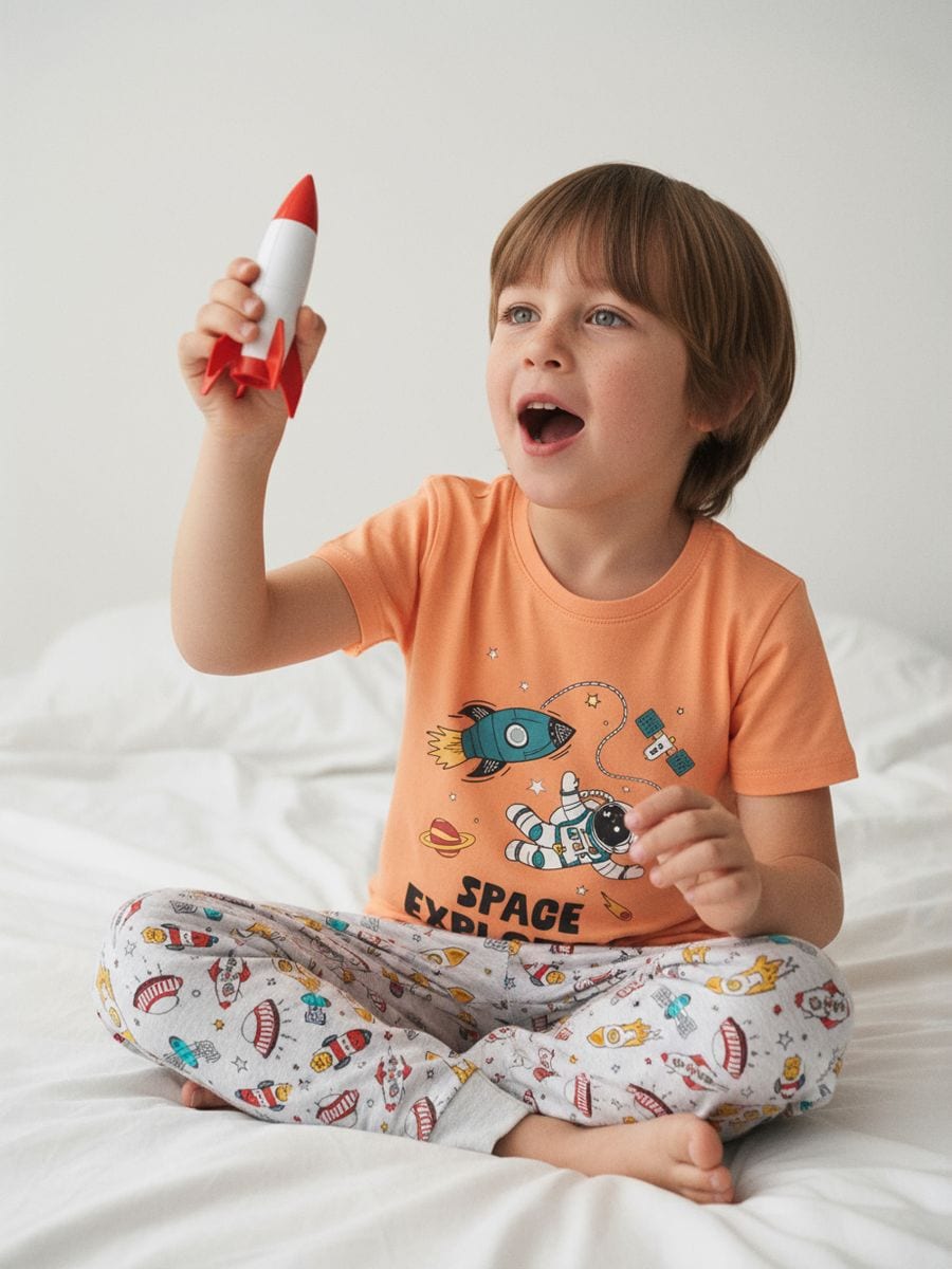 Sinsay Boy's Orange & Light Space Motif Printed Pajama Set 2pcs