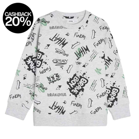 Gray sweatshirt with black and green text and graphics on a white background