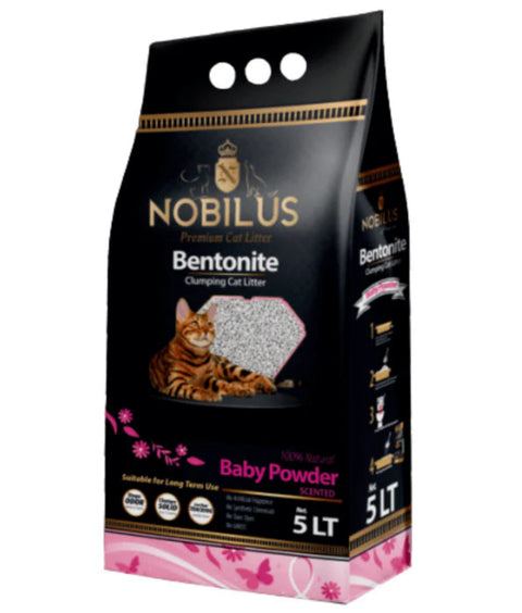 Nobilus Bentonite cat litter packaging with a black background and cat image.