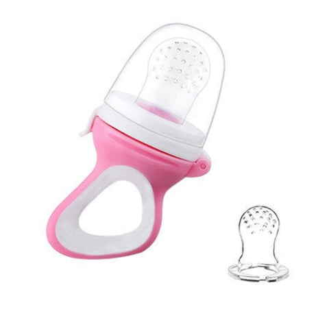 Pink and white baby fruit feeder on a white background