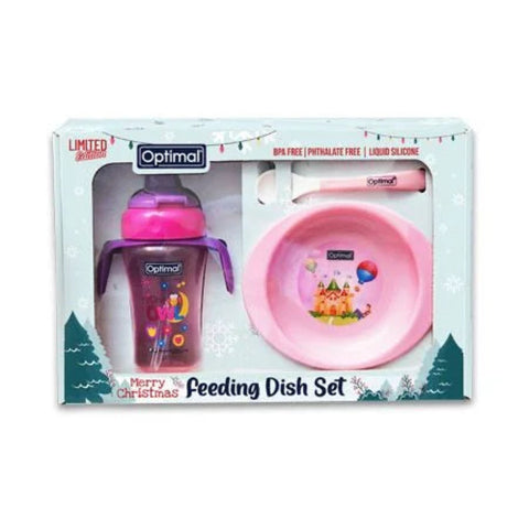 Optimal Feeding Dish Set with pink sippy cup and bowl in packaging