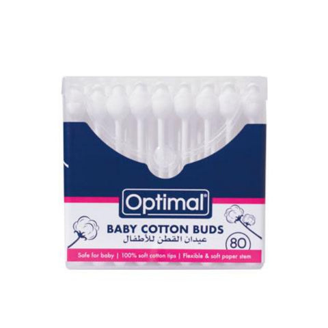 Box of Optimal baby cotton buds on a white background