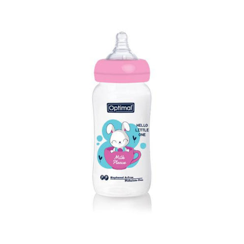 Baby bottle with pink cap and 'Optimal' label on a white background