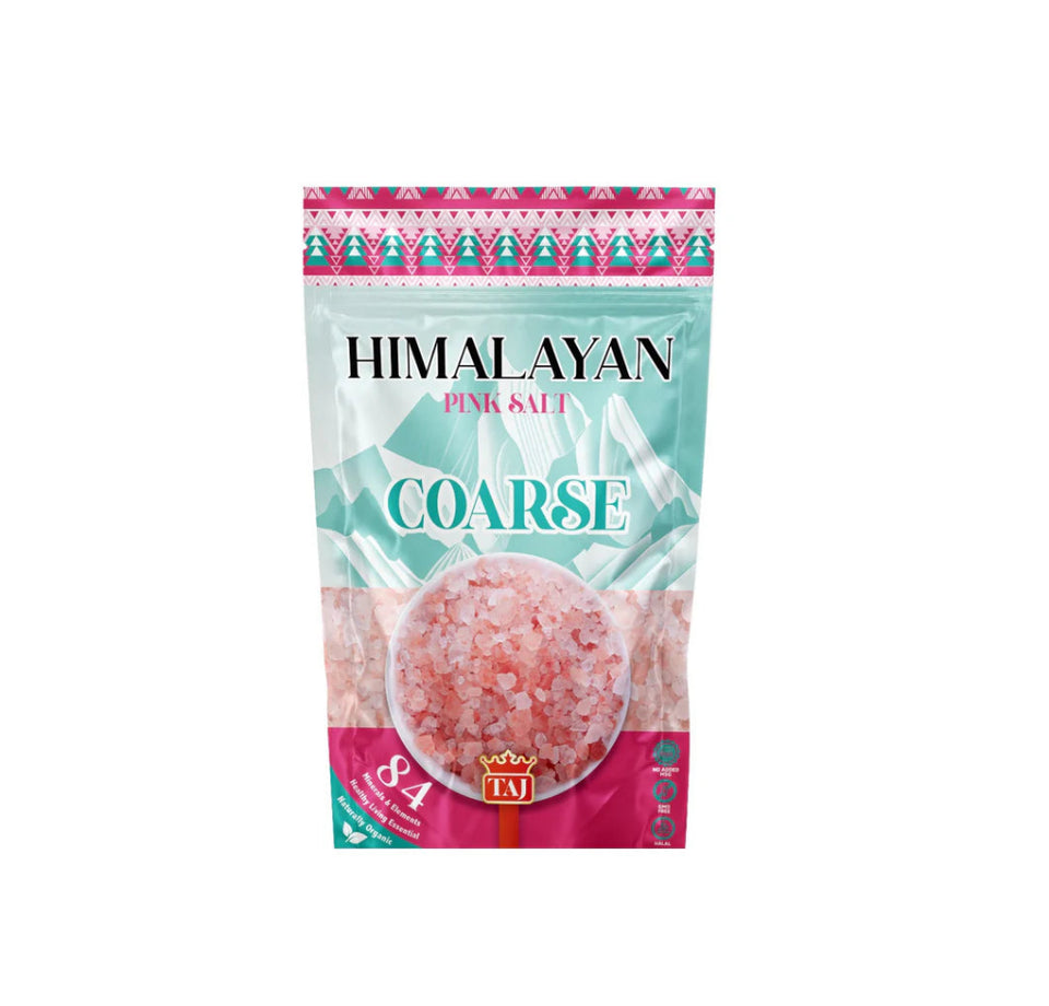 A pouch of Taj Himalayan coarse pink salt, 700g, with packaging that includes product name and branding.