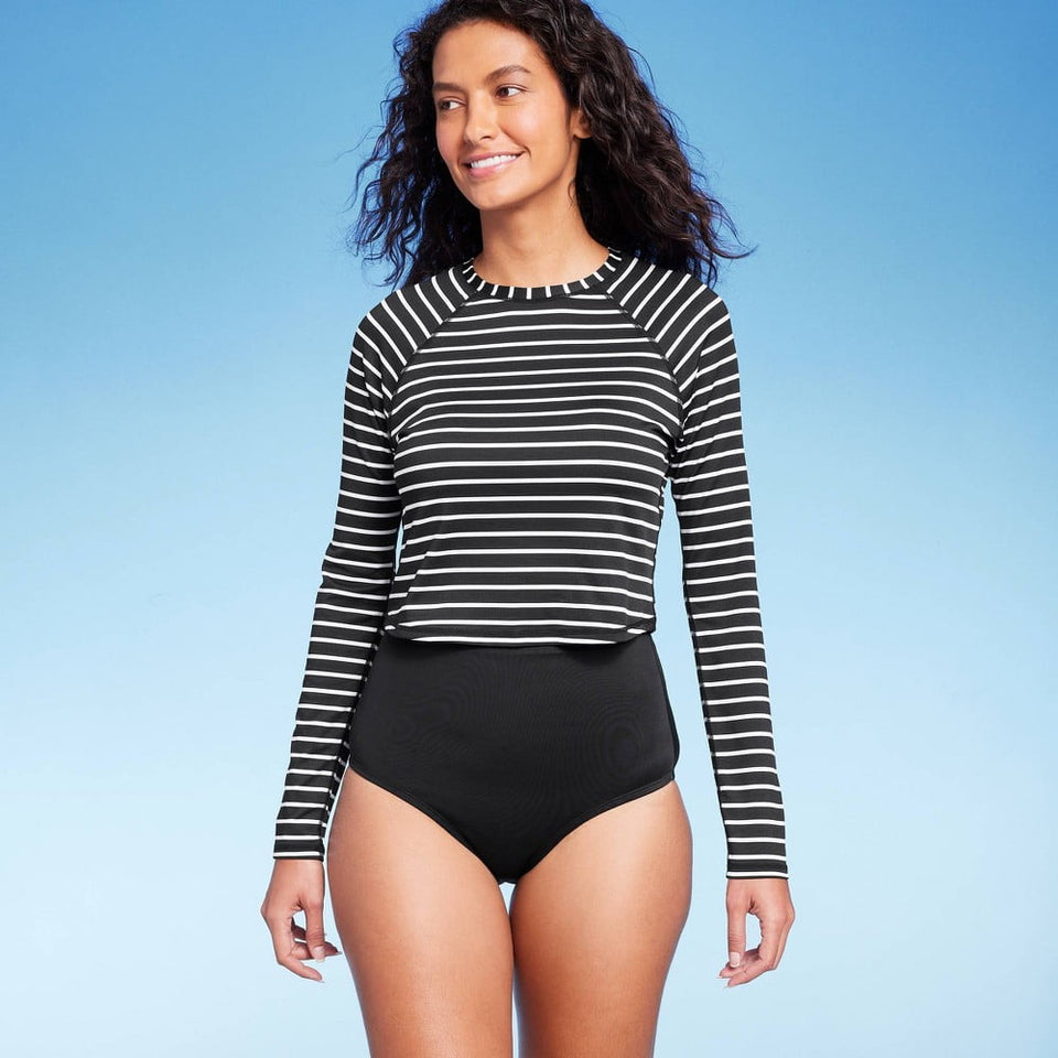 Kona Sol Women's Black/White UPF 50 Striped Cropped Crewneck Long Sleeve Rash Guard | Kona Sol in Lebanon