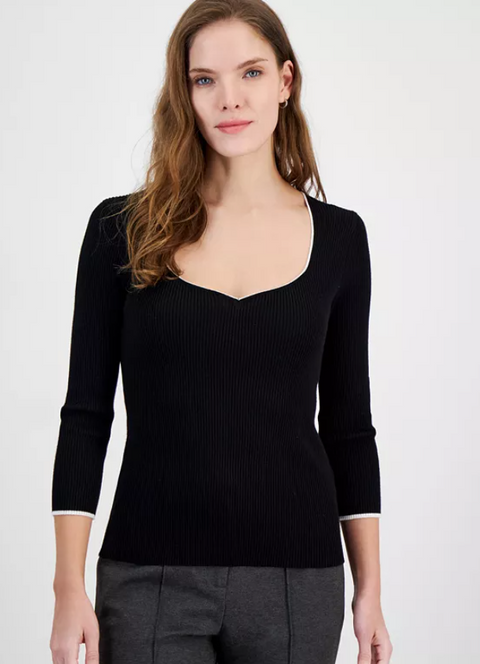 Tahari Women's Black Three Quarter Sleeve Sweetheart Neck Top |Tahari In Lebanon