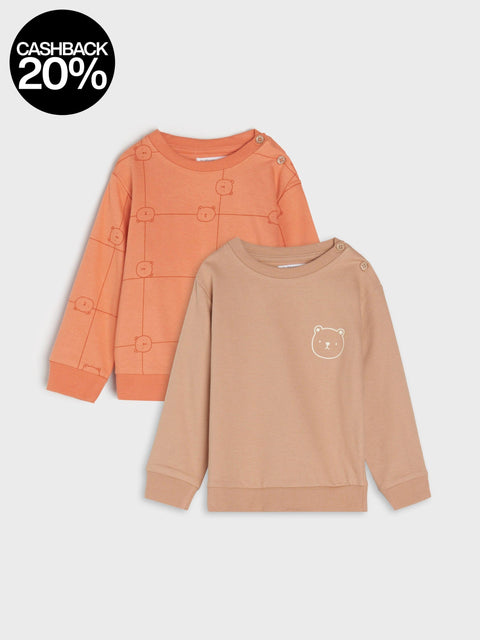 Two children's sweatshirts, one orange and one beige with a bear design, on a light gray background.
