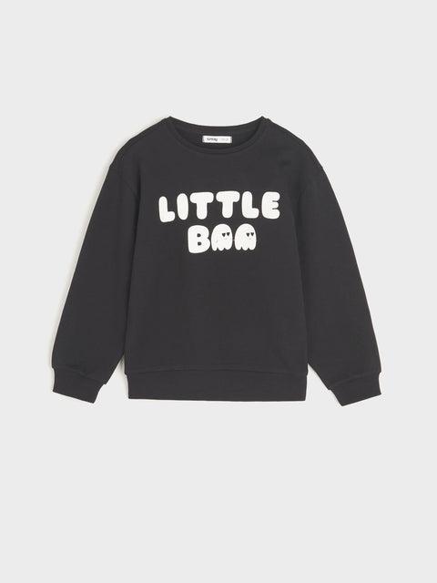 Black sweatshirt with 'LITTLE BAA' text on a light gray background