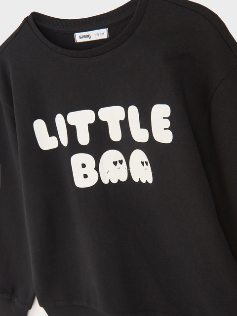 Black sweatshirt with 'LITTLE BAA' text and ghost graphics on a plain background