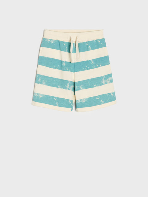Teal and white striped shorts on a light blue background