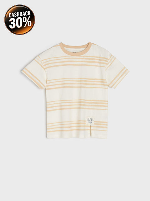 White t-shirt with yellow stripes on a light gray background