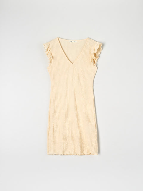 Yellow dress with ruffled sleeves on a white background