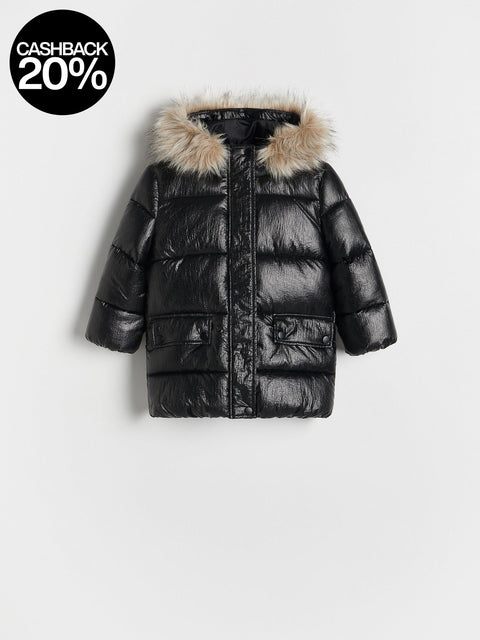 Black puffer jacket with fur hood on a white background