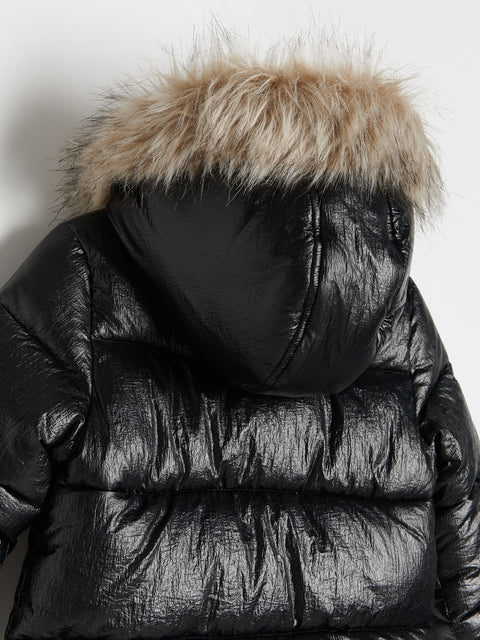 Black puffer jacket with a fur-lined hood on a white background