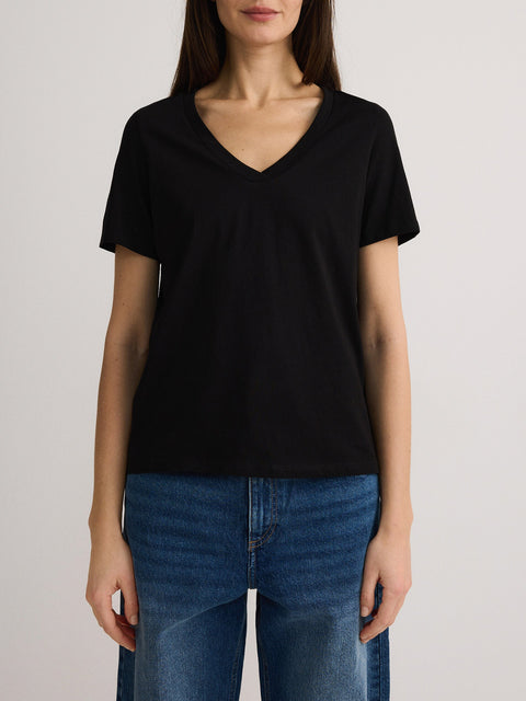 Person wearing a black t-shirt and blue jeans on a plain background
