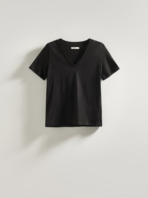 Black t-shirt on a light gray background