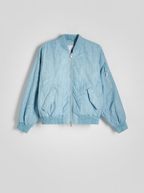 Light blue bomber jacket on a gray background
