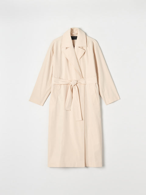 Beige trench coat on a light gray background