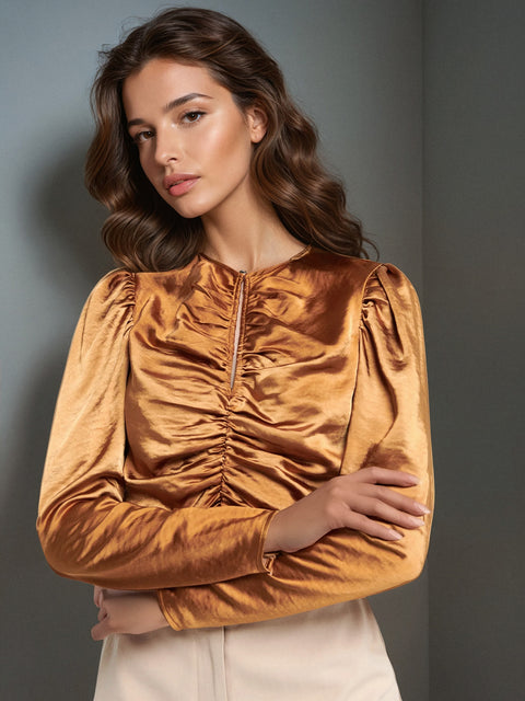 Sinsay Women's Brown Silk Ruched Long Sleeve Cutout Blouse |Sinsay In Lebanon