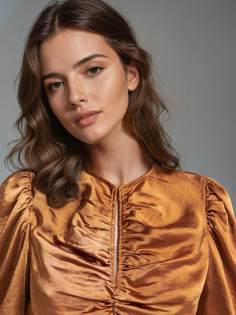 Sinsay Women's Brown Silk Ruched Long Sleeve Cutout Blouse |Sinsay In Lebanon