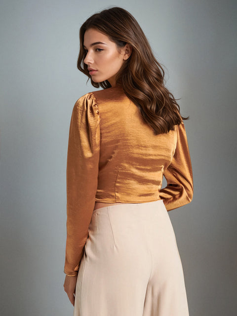 Sinsay Women's Brown Silk Ruched Long Sleeve Cutout Blouse |Sinsay In Lebanon