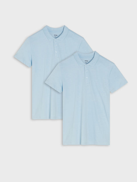 Two light blue shirts stacked on a white background