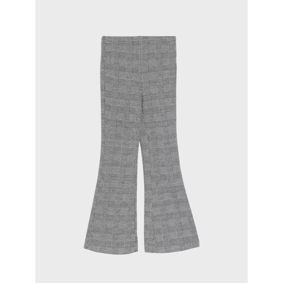 Gray and black plaid flare pants shown flat against a light gray background.