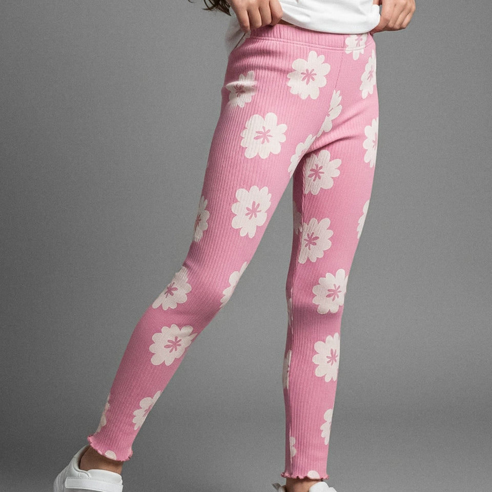 Sinsay Girl's Pink Floral Printed Ribbed Leggings