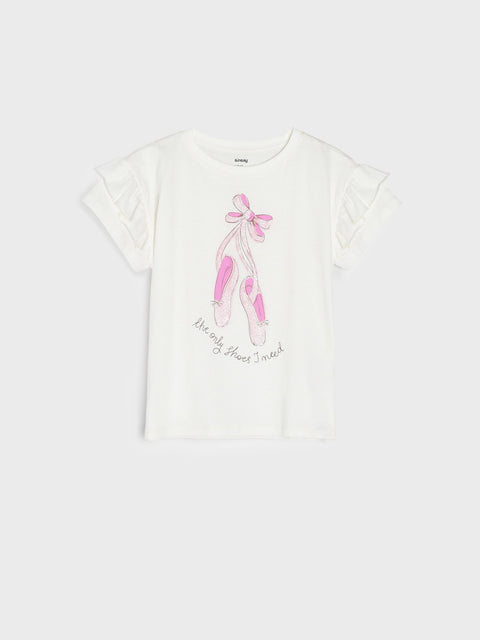 White t-shirt with pink ballet shoes design on a white background