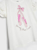 White baby onesie with pink ballet shoes and 'the only shoes I need' text on a white background