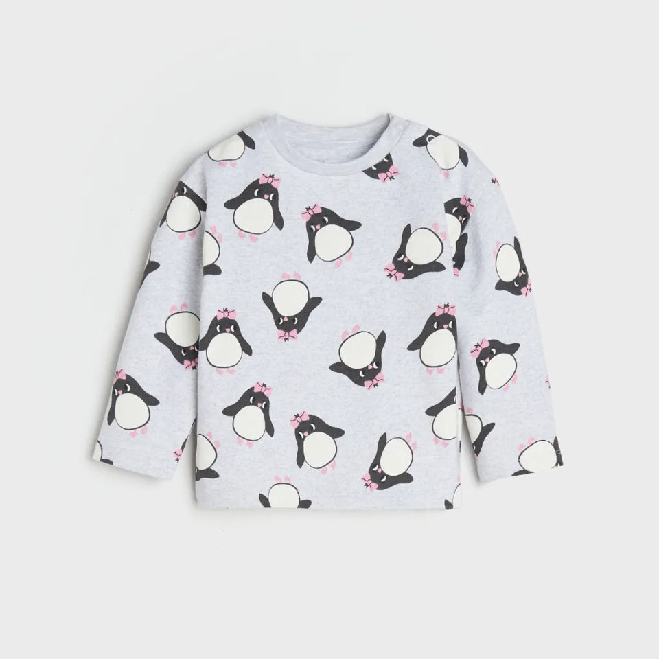 Sinsay Baby Girl's Light Gray Penguin All-Over Printed Crew Neck Blouse