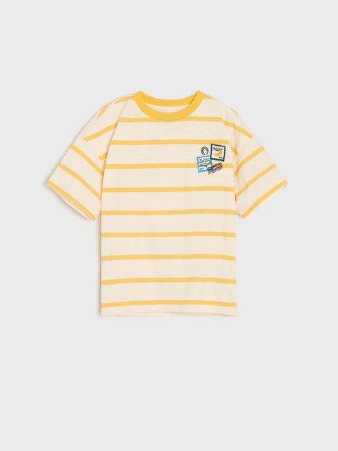 Yellow and white striped t-shirt with a logo on a light gray background