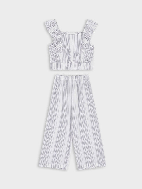 Striped two-piece outfit with top and wide-leg pants on a white background