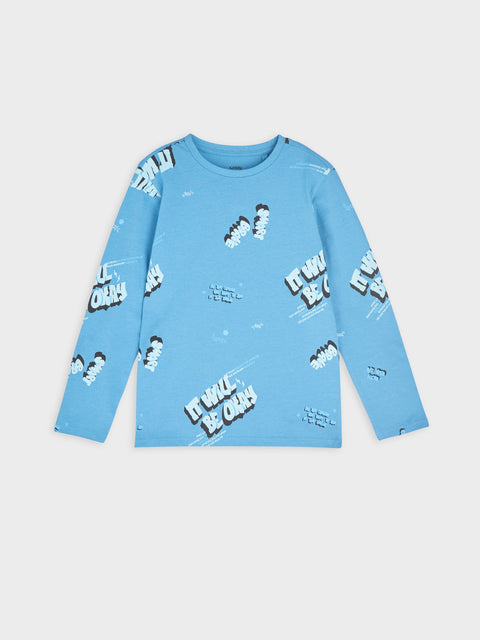 Blue long-sleeve shirt with text pattern on a light gray background