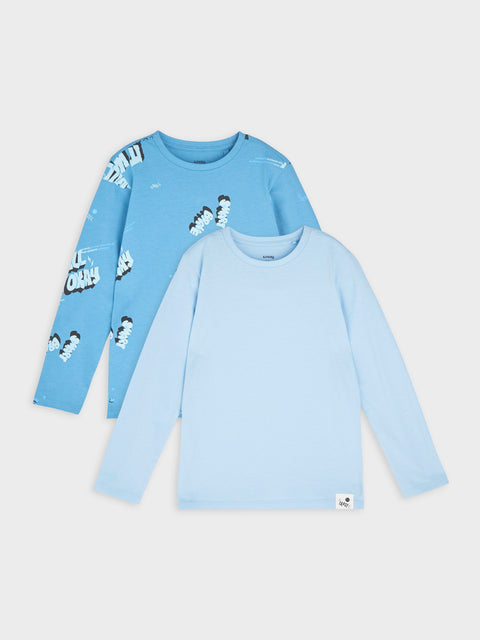 Two blue long-sleeve shirts with graphic designs on a light gray background