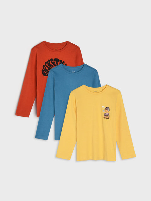 Three long-sleeve shirts in red, blue, and yellow on a light gray background