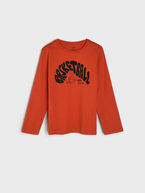 Red long-sleeve shirt with 'Basketball' print on a white background