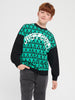 Child wearing a green and black patterned sweater with text on a white background