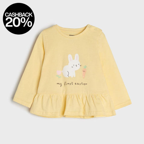 Yellow baby dress with bunny design and 'my first easter' text on a light gray background