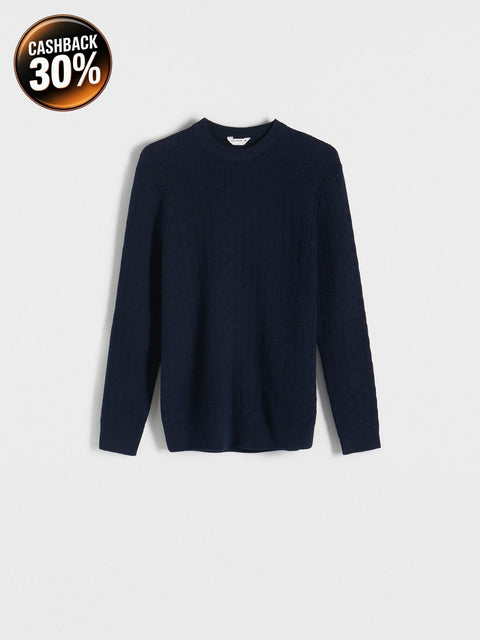 Navy blue sweater on a light gray background