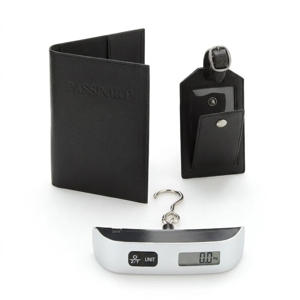 A black faux-leather passport holder set shown with a matching passport cover, a luggage tag with card holder, and a digital luggage scale on a white background.