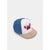 A three-panel baseball cap featuring a blue denim front panel, a white back panel with a red cartoon crab graphic, and a beige suede flat brim, shown on a light gray background.