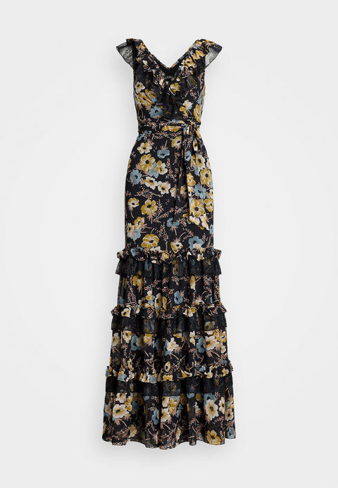 Lauren Ralph Lauren Women's Black Multi Floral Ruffle-Trim Georgette Gown Dress|Lauren Ralph Lauren In Lebanon
