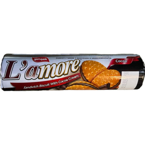 Packaging of Simsek L'amore Sandwich Biscuit with Cocoa Cream, showing the product name and an image of the biscuit with cocoa cream topping.