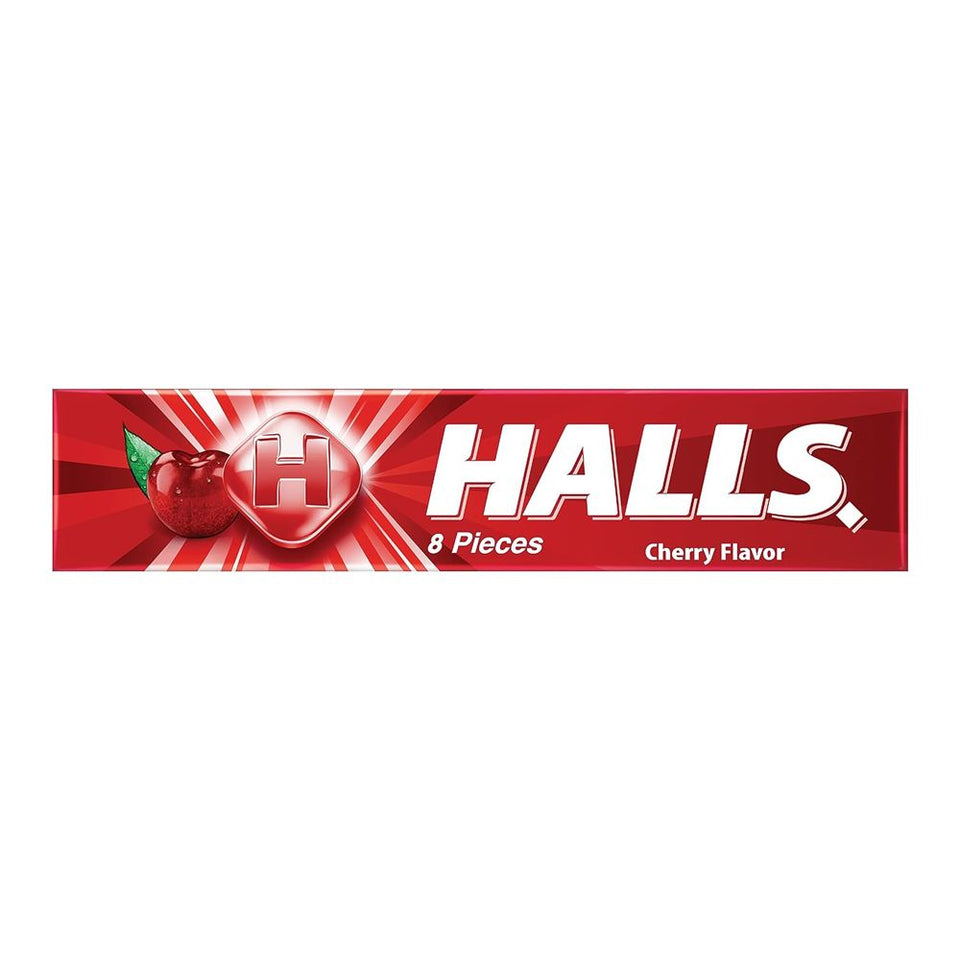 A pack of Halls Assorted Cherry Flavor candy with 8 pieces. The packaging is predominantly red with an image of a cherry and the Halls logo.