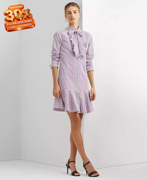 Lauren Ralph Lauren Women's Multicolor Striped Broadcloth Tie-Neck Shirtdress |Lauren Ralph Lauren In Lebanon